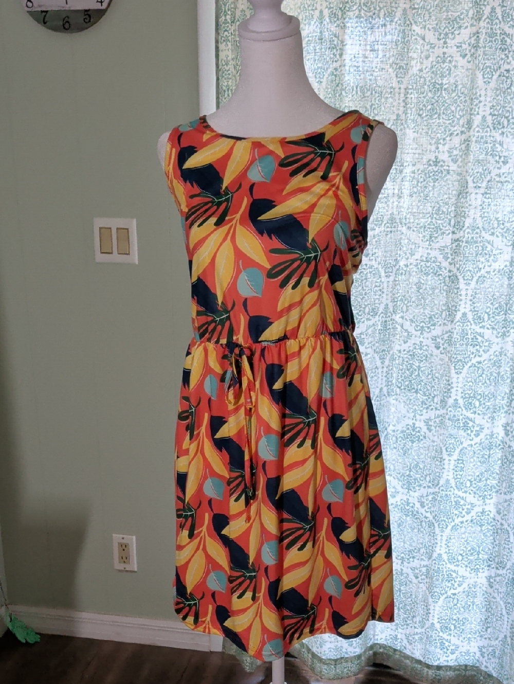 SHEIN Coral Tropical Print Sleeveless Midi Dress with Blue & Yellow Accents